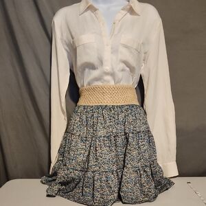 Bella D Blue and Cream Smocked Bubble Mini Skirt